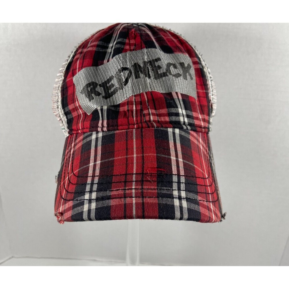 Buck Wear Redneck Red Plaid Mesh Trucker Hat Adjustable Distressed Cap